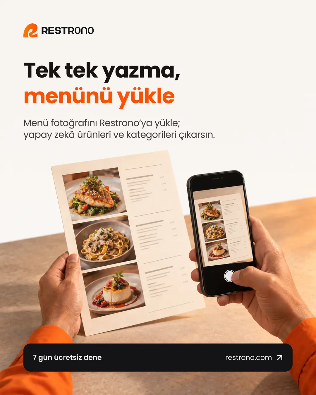 Restrono postu: Tek tek yazma, menünü yükle