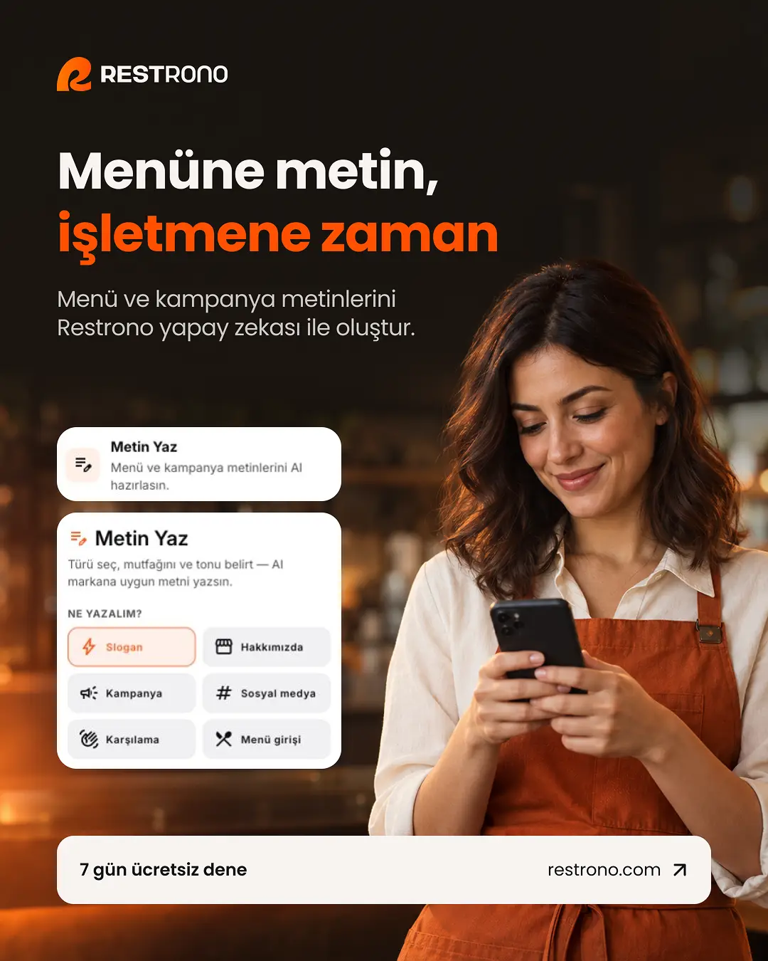 Restrono postu: Menüne metin, işletmene zaman